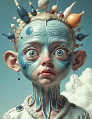 The primary subject of the image is a woman with blue and white skin, who appears to be a character from a comic book. She has a blue and white face, and her eyes are wide open. The setting is a cloudy sky, which serves as the backdrop for the woman's character. The visual style is a digital art or illustration, as the woman's skin and features are depicted in a detailed and artistic manner. The colors and mood of the image are predominantly blue and white, giving the character a unique and striking appearance.